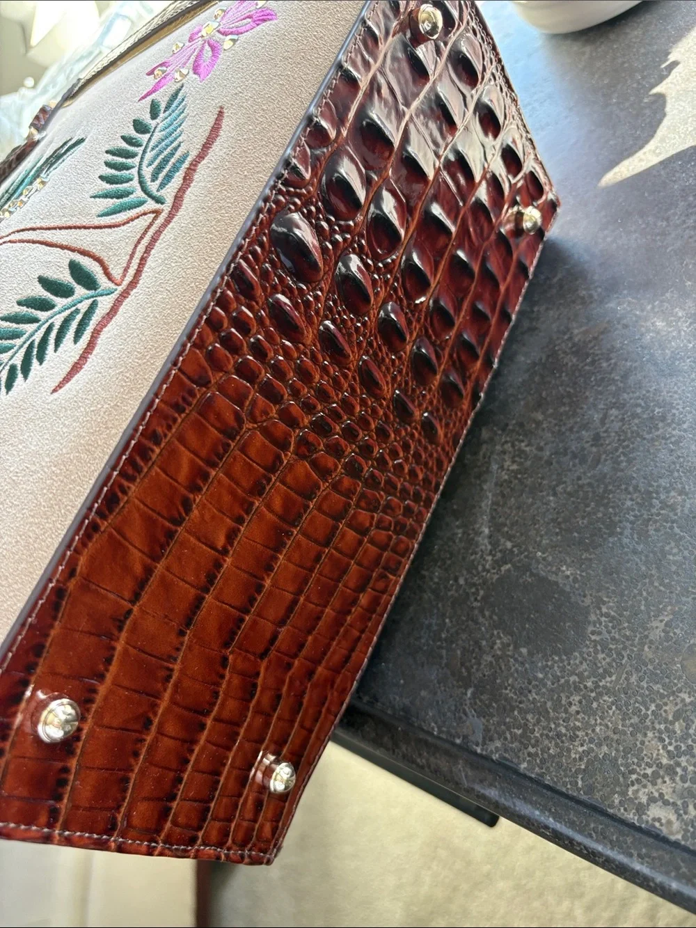 Brahmin Taupe Satchel with Brown Croc Trim and Green & Pink Embroidery